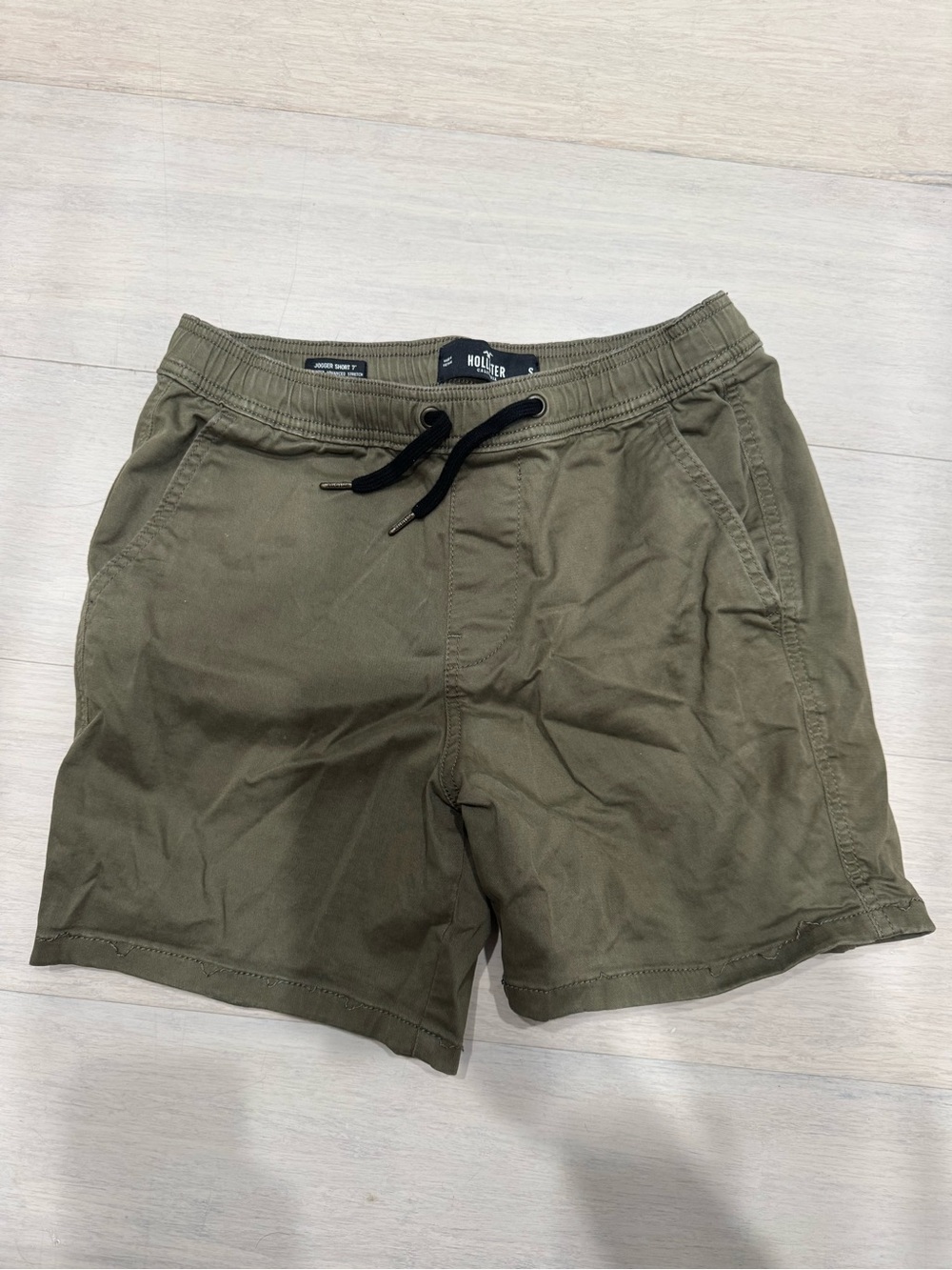 Hollister Olive Drawstring Jogger Shorts with Black Cord